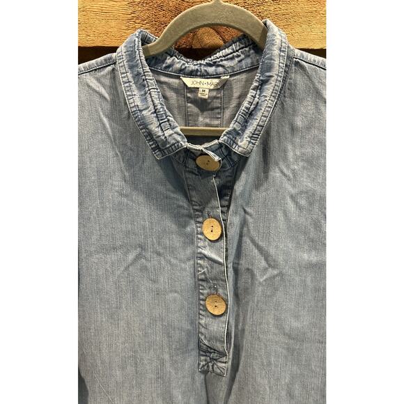 JOHN MARK Chambray Shift Dress Sz M Blue 1/2 Button Gathered Sleeve Pockets *C2 - Picture 4 of 6